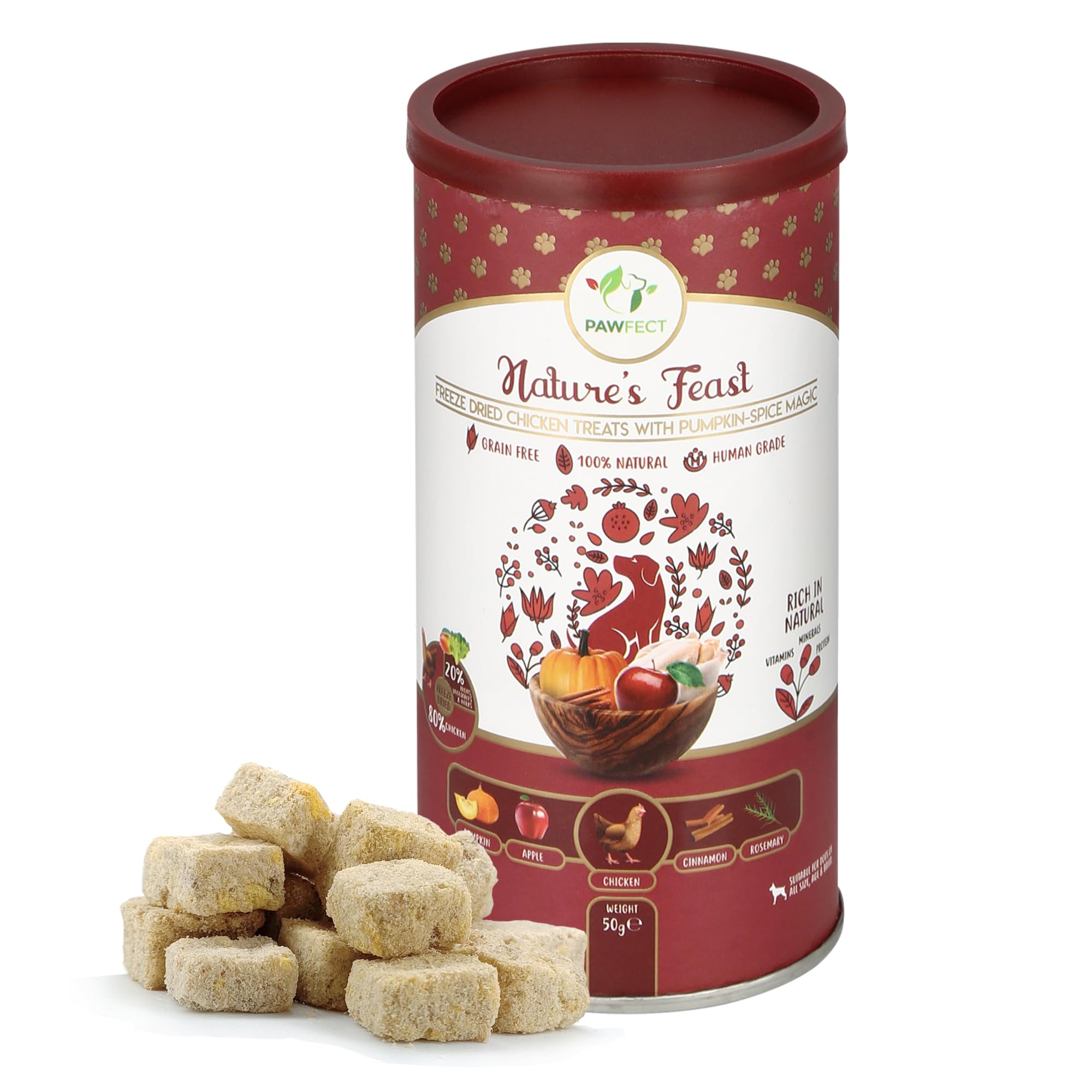 Pawfect Nature's Feast Freeze Dried Chicken Treats for Dogs with Pumpkin Spice Magic - 80% Chicken, 20% Pumpkin & Spices- Hypoallergenic- Grain-Free- Promotes Immunity - Supports Digestion(50g/1.76oz)