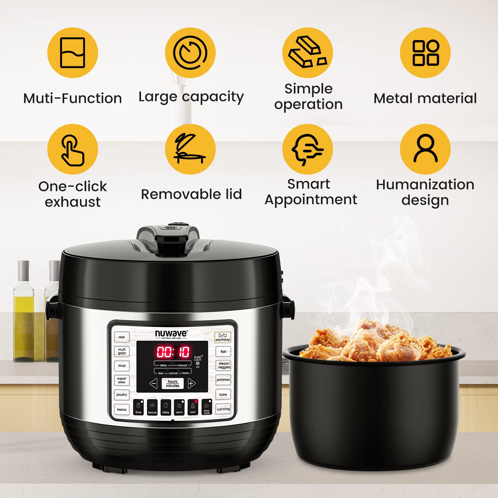 NUWAVE Nutri-Pot 6-Quart Digital Pressure Cooker with Sure-Lock Safety System; Dishwasher-Safe Non-Stick Inner Pot; 11 Pre-Programmed Presets; Detachable Pressure Pot Lid for Easy Cleaning; (6-Quart)