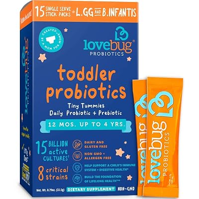 Lovebug Probiotic and Prebiotic for Kids, 15 Billion CFU, for Children 12 Months to 4 Years, Best Childrens Probiotics, Contains 1 Gram Fiber, 15