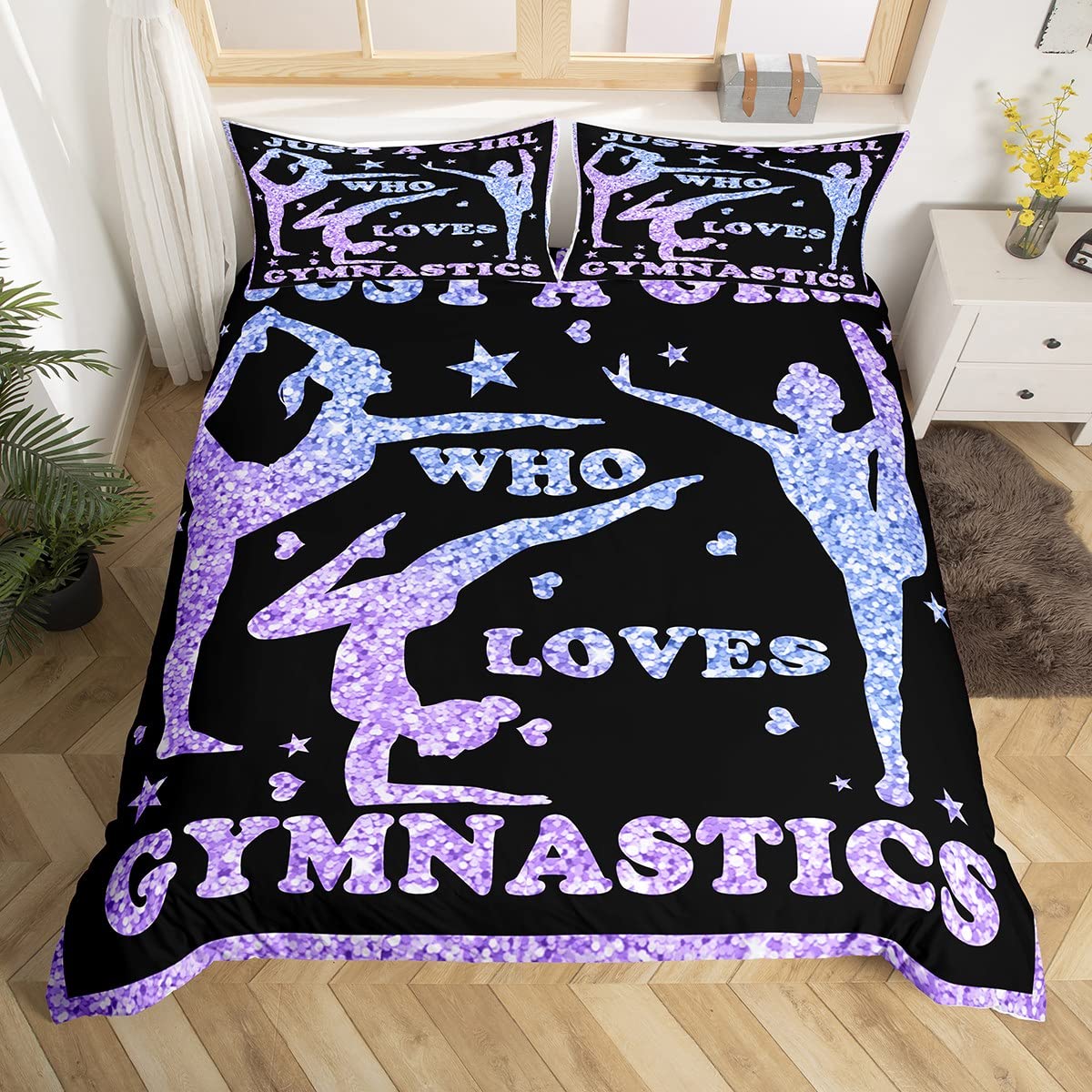 Gymnastics Bedding Set Girls Gymnastics Lovers Bedding Duvet Cover Set for Daughter Girls Kids Gymnast Sports Decor Comforter Cover Set Purple Glitter Bedspread Cover Bedroom Quilt Cover Double Size — image 1