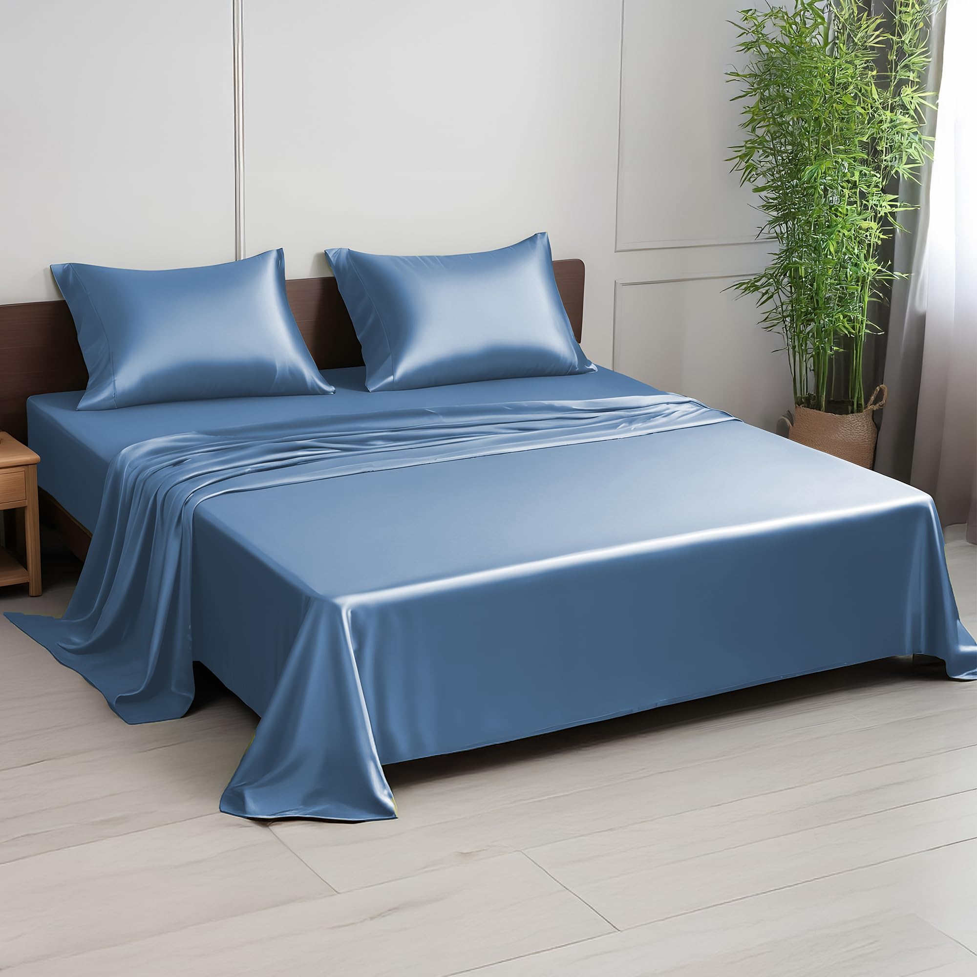 LINENWALAS King Size Bed Sheet Set, 300 Thread Count, 100% Bamboo Bedding Set, Cooling Silk Sheets Set with 1 Fitted, 1 Flat Sheet & 2 Pillowcases (King, Bahamas Blue) — image 1