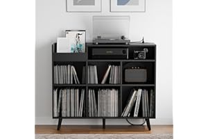 Cozy Castle Large Record Player Stand, Vinyl Storage Cabinet Mid Century Modern Turntable Stand Media Console Table Open Shelf Cube CD Album Holder Organizer for Living Room, Office, Black