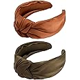 VELSCRUN 2 Pack Satin Wide Knotted Headbands - Brown Elastic Turbans, Non-Slip Silk Hair Styling Accessories for Women, Sisters, Girls, Gifts