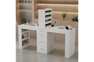 GOFEI Double Manicure Table with Dust Collector & Arm Rest – Acetone Resistant Nail Desk with 2 Large & 2 Lockable Drawers, 8 Open Shelves for Storage, Modern Manicure Table for Nail Techs (White)