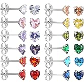 12 Pairs Surgical Stainless Steel Stud Earring Round Heart Star Square Cubic Zirconia Birthstone Stud Earrings Set for Women