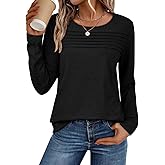 ATHMILE Womens Tops Trendy Long Sleeve Shirts for Women Loose Fit Dressy Casual Blouses Pleated Tunic Tops for Leggings