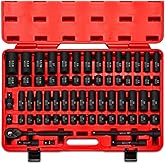 NEIKO 02448A 1/2" Drive Master Impact Socket Set, 65 Piece, Standard SAE (3/8"-1-1/4") & Metric (10-24 mm) Sizes, Deep & Shallow Kit, Includes Adapters & Ratchet Handle
