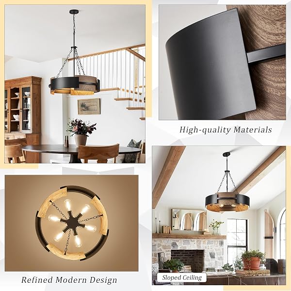 MODERN CHANDELIER 24″ INDUSTRIAL DRUM LIGHT FIXTURE BLACK METAL 6-LIGHT HANGING CHANDELIER WALNUT WOOD GRAIN FOR LIVING DINING ROOM FOYER ENTRYWAY KITCHEN