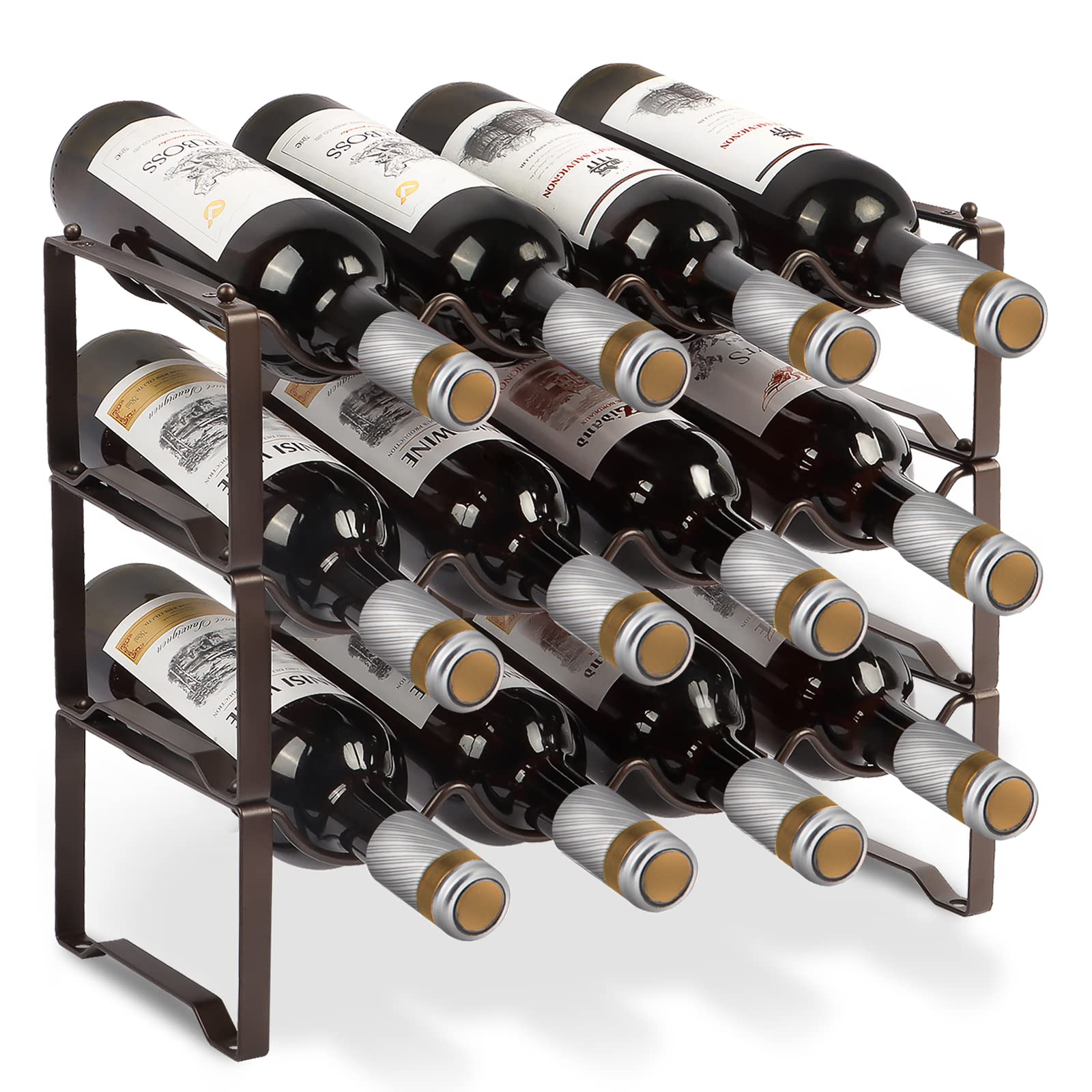 Bomclap Wine Rack Metal Stackable Bottle Rack for 12 Bottles for Cellar, Bar and Storage Room, Sturdy Modular Expandable Bottles and Wine Storage (3 Tiers)