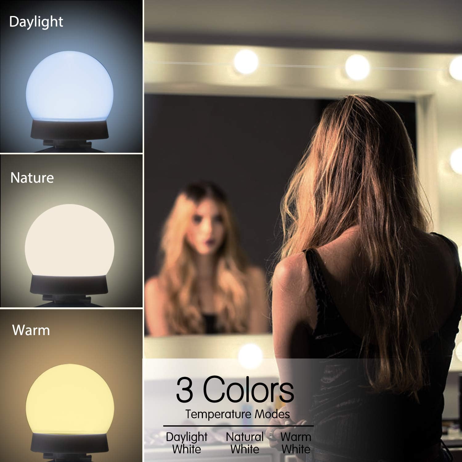 Upgraded Hollywood Style Vanity Mirror Lights Kit, 10 Dimmable LED Bulbs with 3 Color Modes, Best for Makeup Dressing Table Bathroom Dressing Room, Power Supply Plug in Lightings (Mirror Not Include): Home Improvement