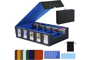 ENRICHOVO Trading Card Storage Box with Handle, 5-Row Portable Leather Game Case for 4000+ Cards,Blue Card Collection Box with Commander Display Window for MTG, Yugioh, and Sports Cards,Gifts for Card Collector