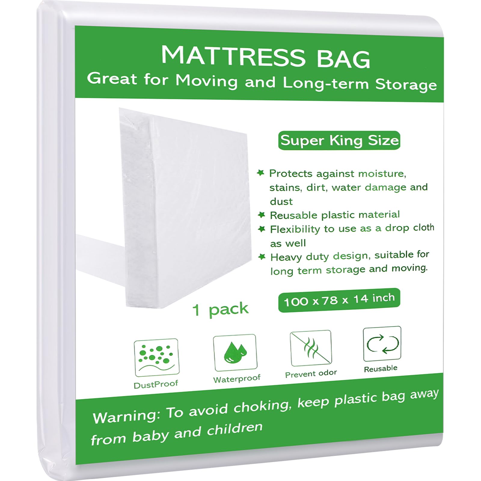 Dntorx Super King Size Mattress Bag for Moving and Storage, Waterproof Plastic Mattress Protector 2.76 Mil Heavy Duty Mattress Cover for Moving King Size and Super King Size – 255 X 200 X 35cm