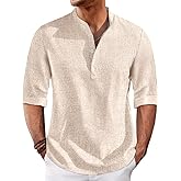 Runcati Mens Linen Henley Shirts Casual Lightweight 3/4 Sleeve T-Shirt Summer Beach Yoga Hippie Tops