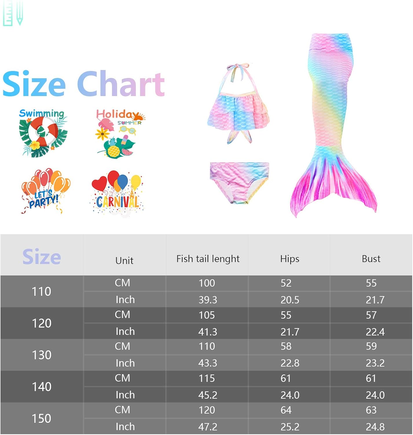 5Pcs Girls Swimsuit Mermaid Tails for Swimming for Girls Princess Bikini Costume Bathing Suits Set for Kids Gift: Clothing