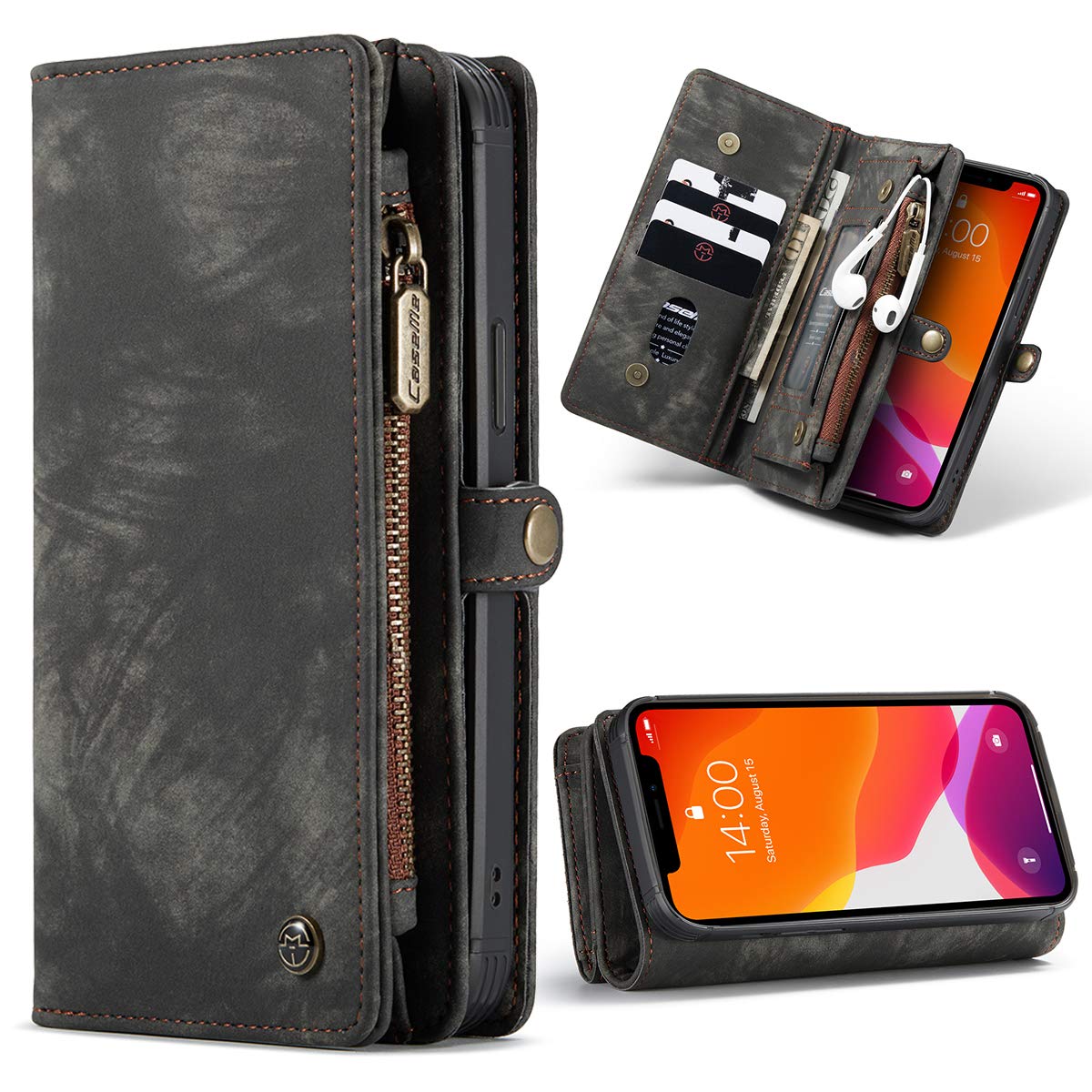 SWP Case for iPhone 12/12 Pro 5G, Wallet Case w/Magnetic Detachable Cover [11 Card Slots] Clutch Wallet w/Wristlets Money Pocket Compatible with iPhone 12/12 Pro 6.1 inch 2020 (Black-Dark Grey)