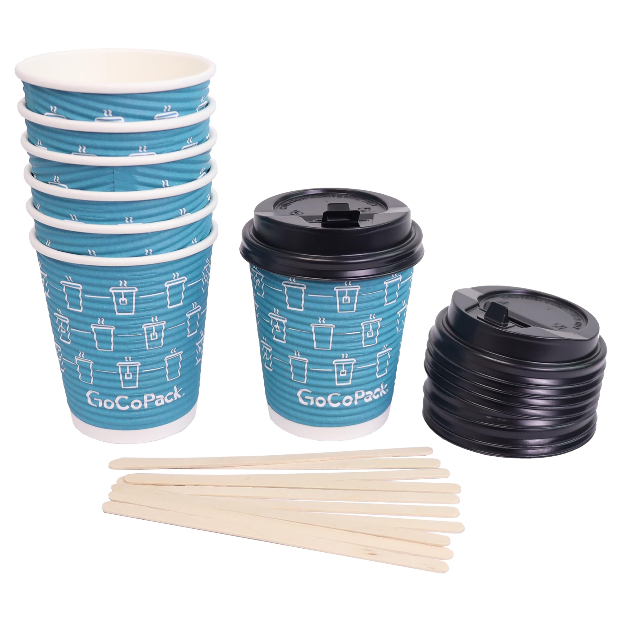 GoCoPack Paper Coffee Cups Set: Pack of 30-8oz (227ml) Ripple Paper Cups with Sip Lids and Stirrers - Perfect for Hot Drinks - Triple Wall for Extra Heat Protection