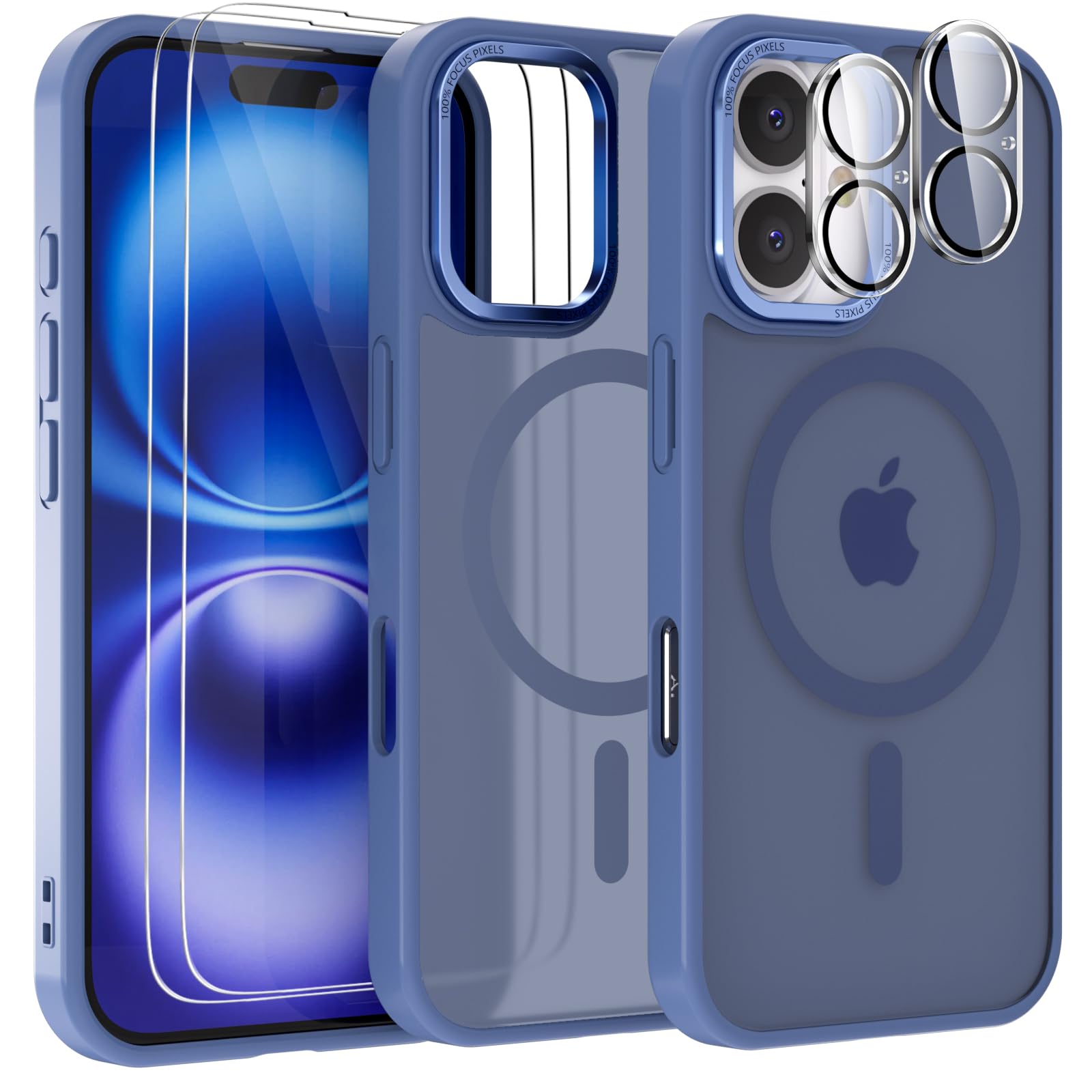 YIRSUR Matte Magnetic Case for iPhone 16 Plus[Built-in 2 HD Screen Protectors and 2 HD Lens Protector], Compatible with Mag safe, Shockproof Slim Translucent Matte Back Anti-Fingerprint Cover, Blue