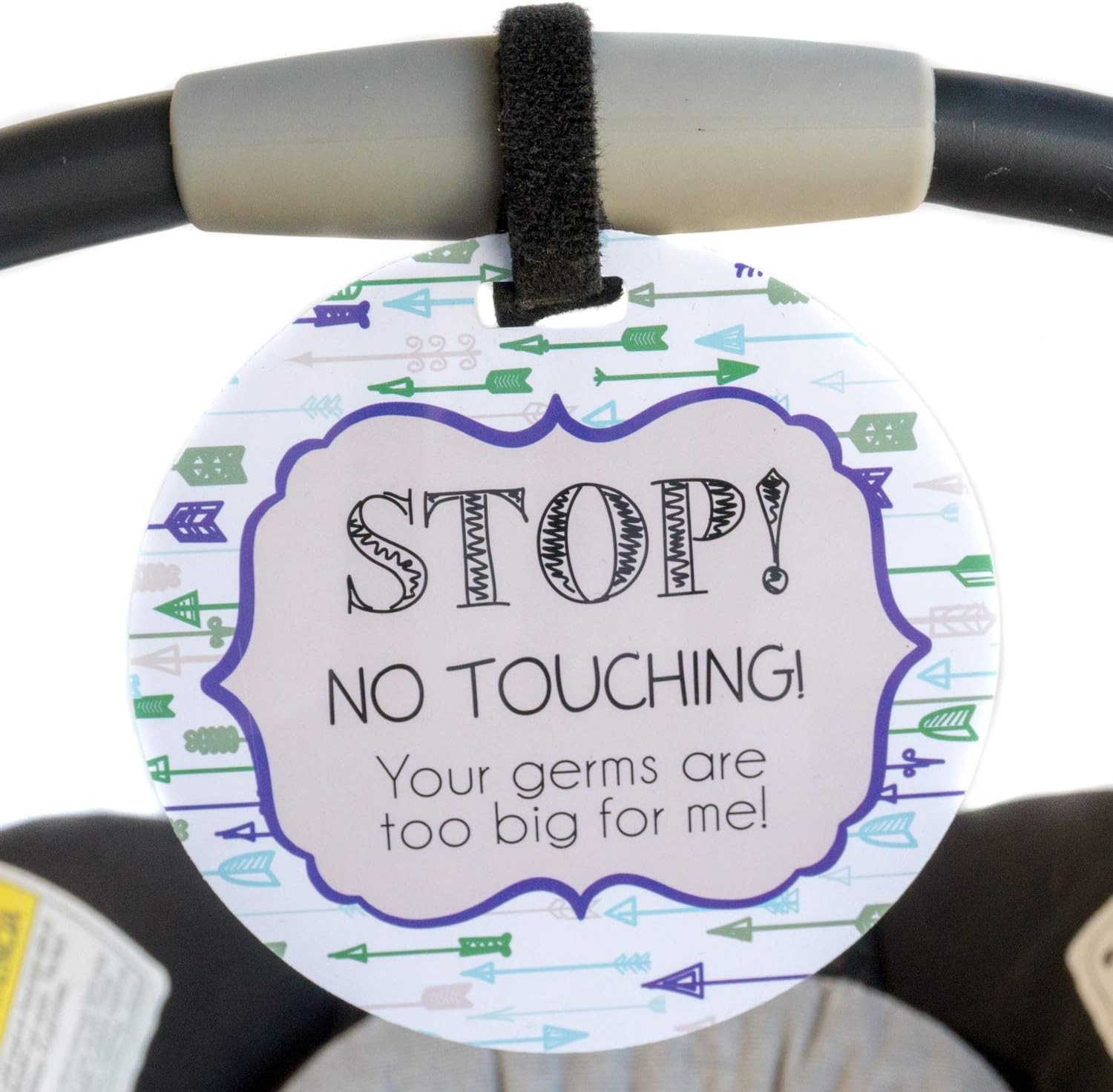 THREE LITTLE TOTS - Blue Arrow Tag - Stop, No Touching, Your Germs Are Too Big For Me (Blue Preemie Sign, Newborn, Baby Car Seat Tag, Baby Shower, Stroller Tag, Baby Preemie No Touching Car Seat Sign)