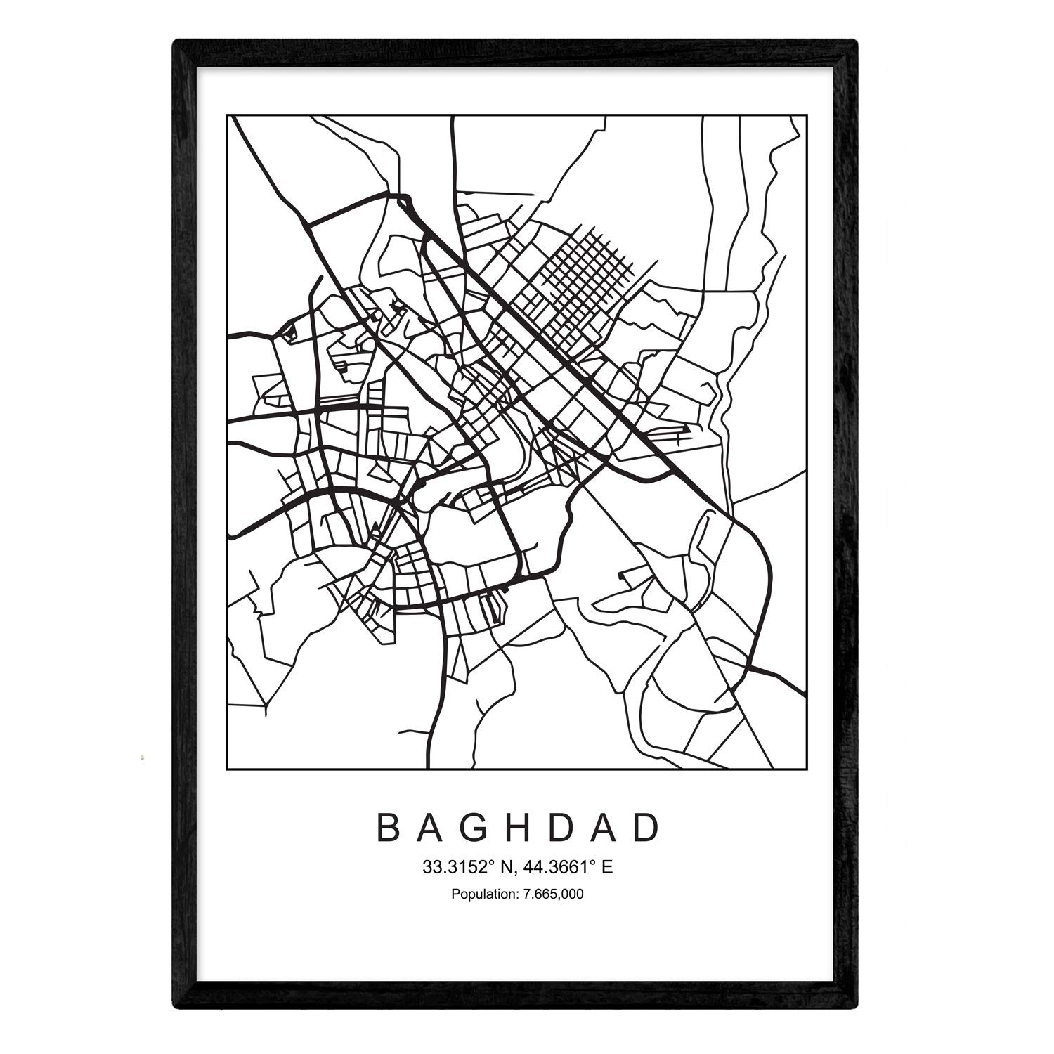 Nacnic Print city map Baghdad Scandinavian style in black and white. A3 size poster Printed paper No 250 gr. Paintings, prints and posters for living room and bedroom