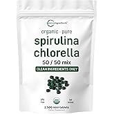 Micro Ingredients Organic Spirulina Chlorella Mini Tablets, 2,500 Tablets (8 Month Supply) | 50/50 Blend Superfood | Cracked Cell Wall for Better Absorption | Rich in Vegan Protein & Chlorophyll