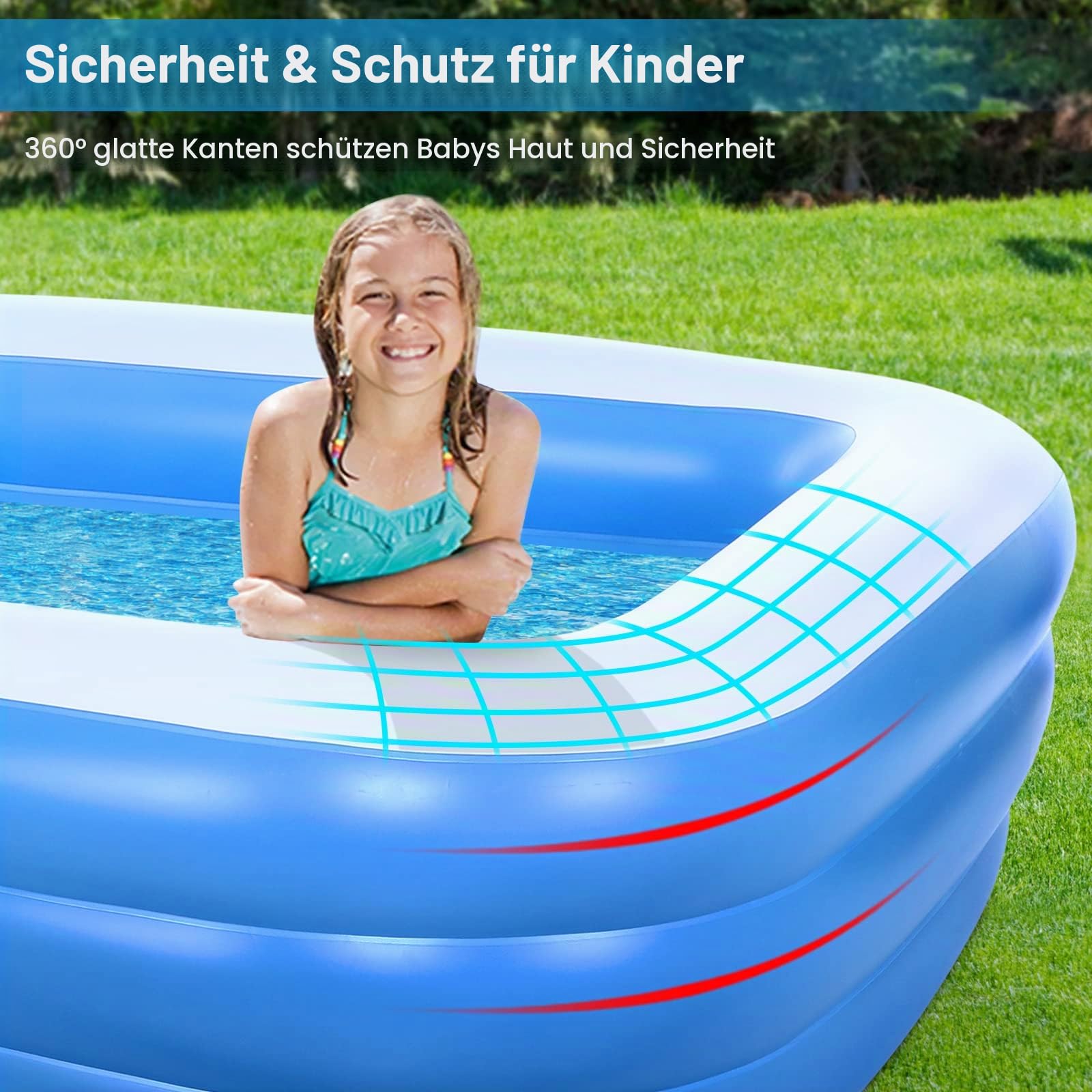 Duerer Aufblasbarer Pool Rechteckig, 305cm x 182cm x 56cm, Planschbecken groß für Kinder und Erwachsene Sommer Party, Aufblasbare Schwimmbecken, Familien Swimming Pool für Garten, Outdoor, Easy Set 8