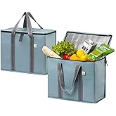 VENO 2 Pack Cooler Bag and Insulated Grocery Bags for Food Delivery, Collapsible Cooler. Reusable Shopping Bags for Groceries with Hard Bottom, Zippered, Foldable, Heavy-Duty (Light Blue, 2 Pack)