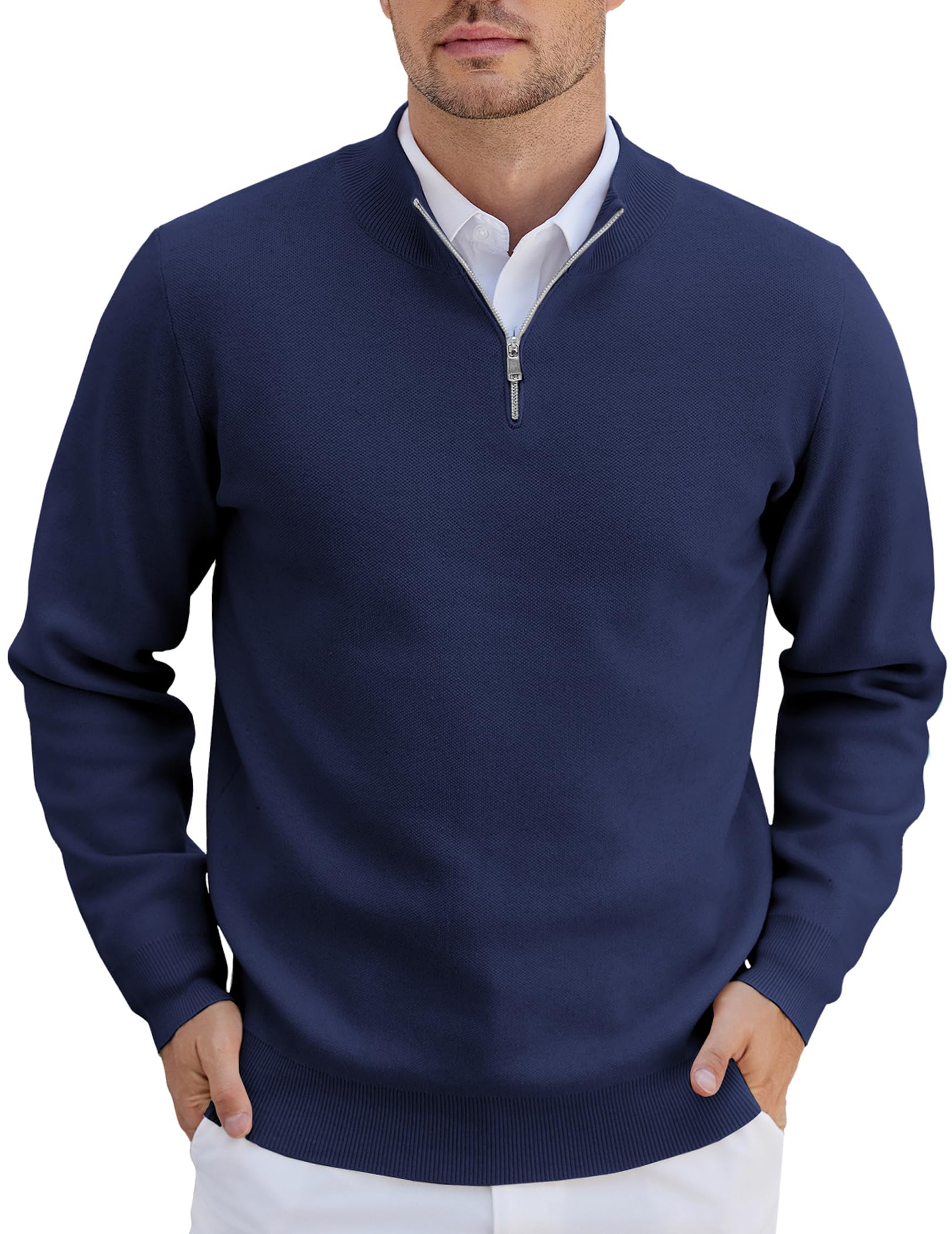 COOFANDY Sweaters for Men Knitted Quarter Zip Up Pullover Mock Neck Business Casual Sweater Navy Blue 3X-Large Image