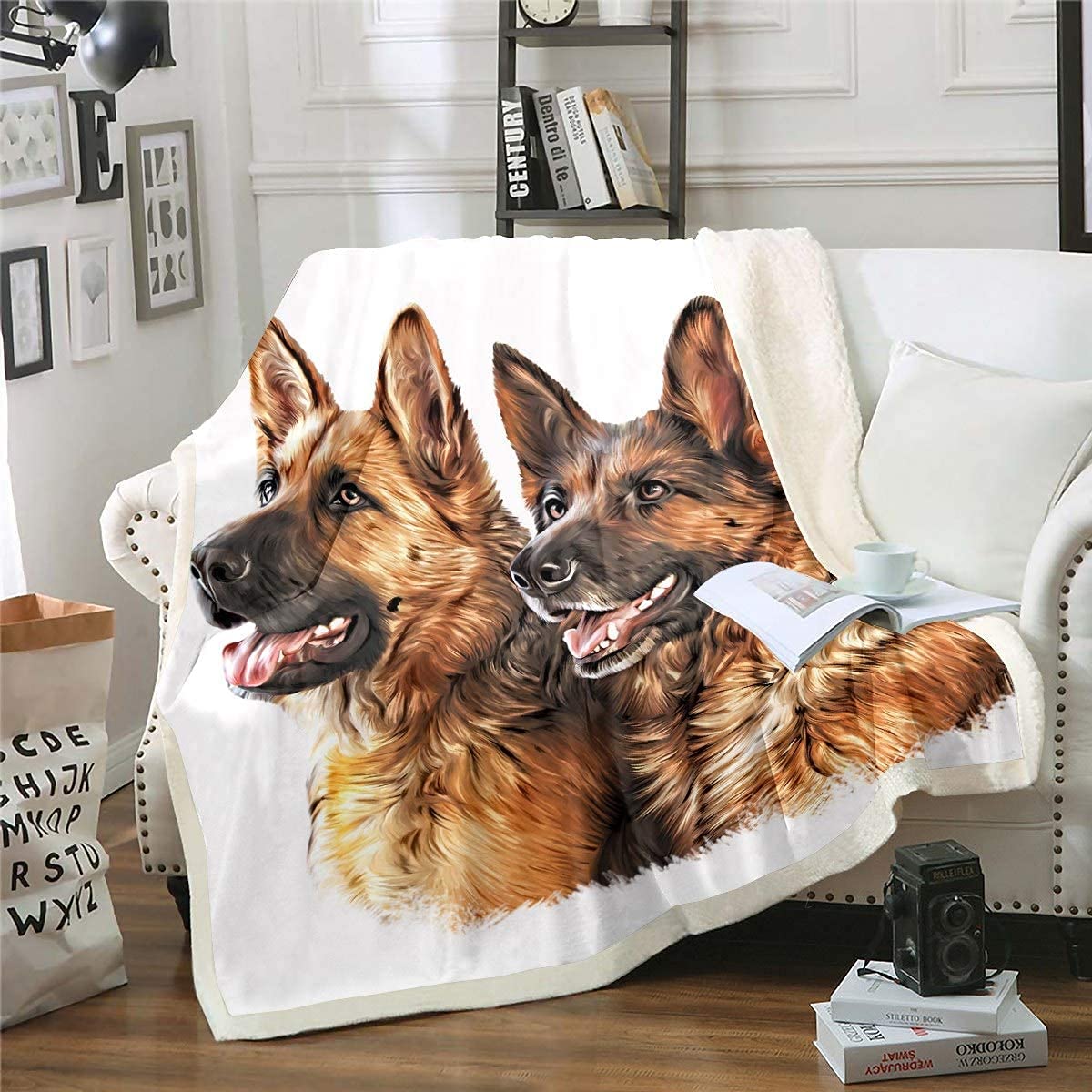 Loussiesd Dog Sherpa Blanket Watercolor German Shepherd Fleece Throw Blanket 3D Animal Pattern Plush Blanket for Kids Boys Men Hypoallergenic Fuzzy Blanket for Sofa Bed 40x50 Inch