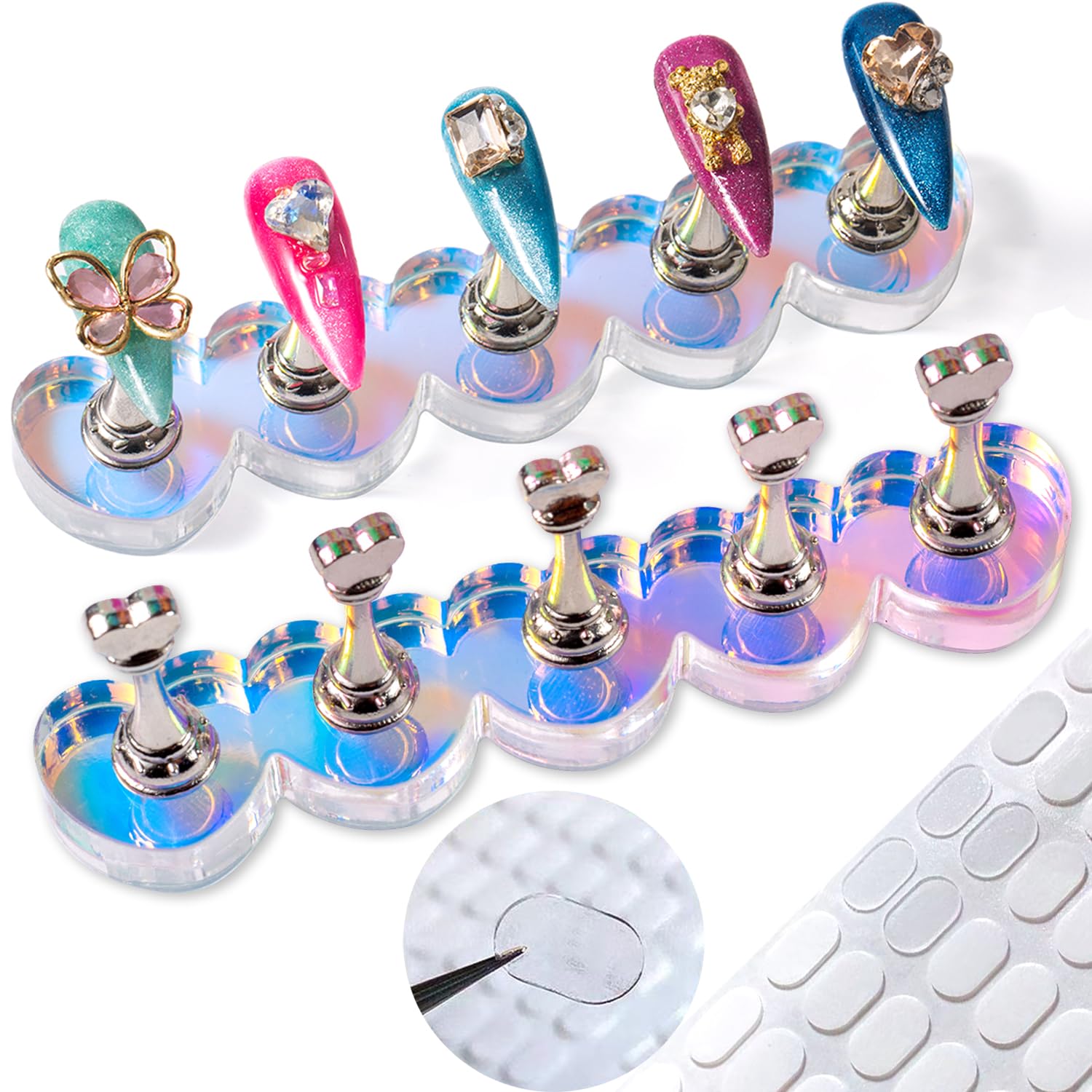 Photo 1 of 2 Set Nail Stands, Thickened Metal Nail Stand for Press Ons, Aurora Heart Nail Polish Holder for Painting, Fake Nail Display Stand Nail Practice Magnetic Nail Art Tools w/ 100Pcs Reusable Glue Tabs