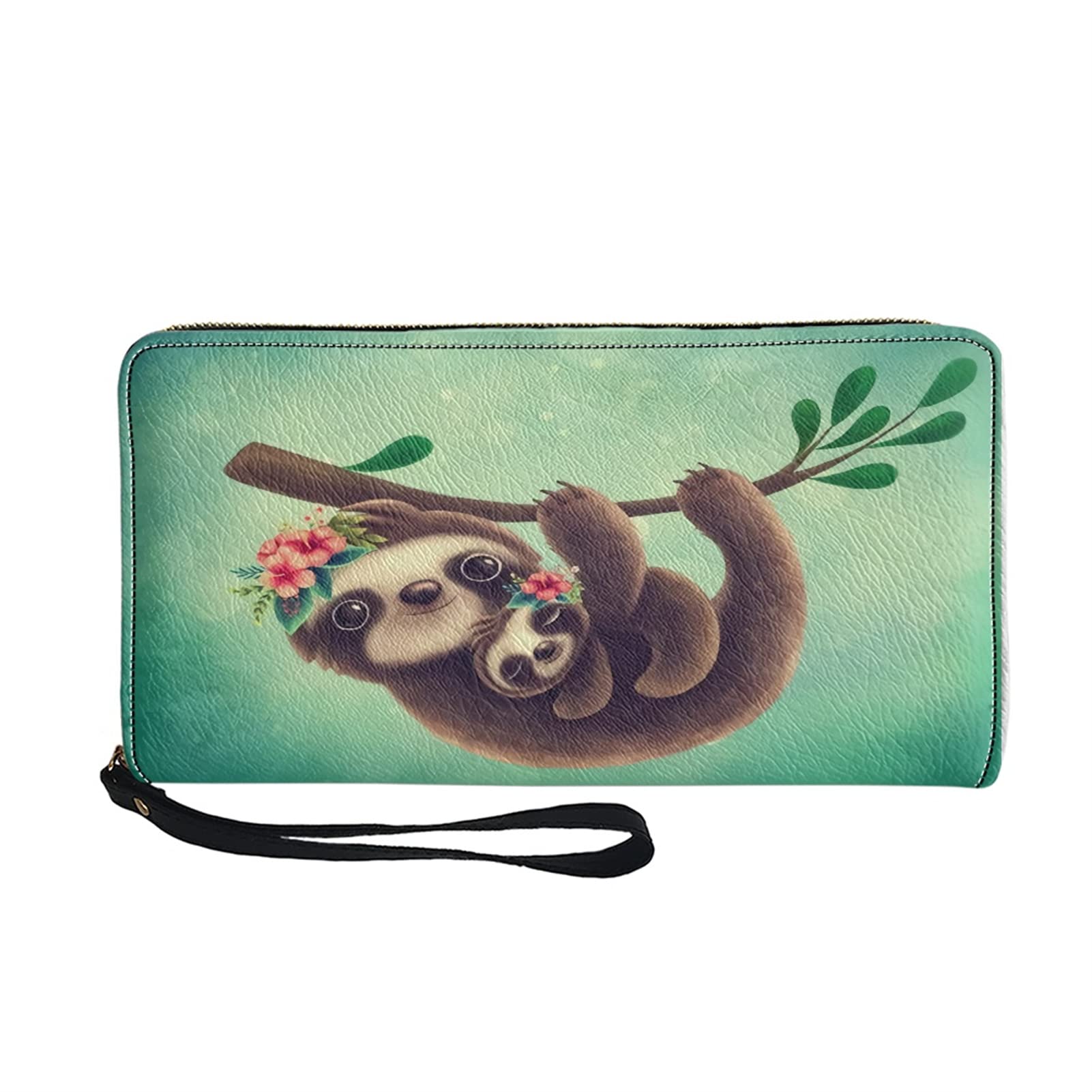 STUOARTE Large Capacity Purse for Ladies, Sloth Mother and Child Design, Pu Leather Multiple Credit Card Slots Wallet, Zipper Around Soft Long Clutch Handbag