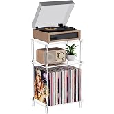 Bekugee Clear Acrylic Record Player Stand with Vinyl Storage, 15.75" L x 11.81" W x 24.5" H, 3 Tier Small Side Turntable Table with Album Shelf, Modern Bedside End Table for Living Room, Bedroom