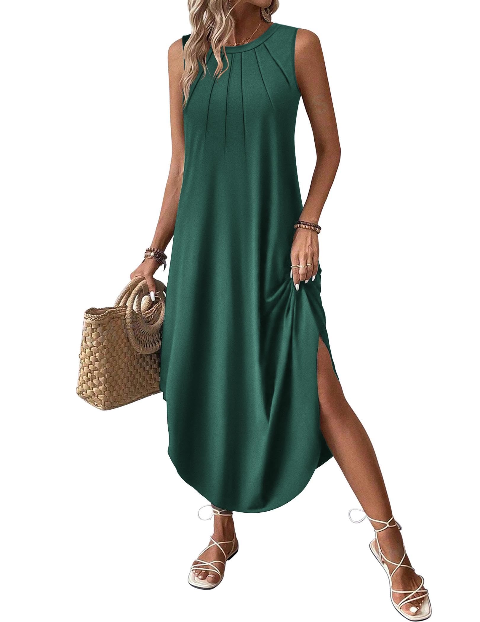 Photo 1 of Zeagoo Sleeveless Dress for Women 2025 Loose Casual Tank Dress with Pockets Split Long Beach Dress Soft Cotton Tank Dress, Deep Green,M
