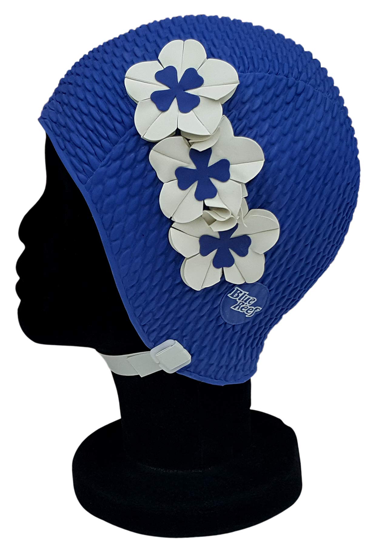 Blue Reef Riga Bubble Single Solid Colour Floral Ladies Classic Retro 3 Flower 2 Colour Trio 3D Petal Stylish Vintage Swimming Hat Swim Cap One Size Adults With Adjustable Strap (Navy Blue)