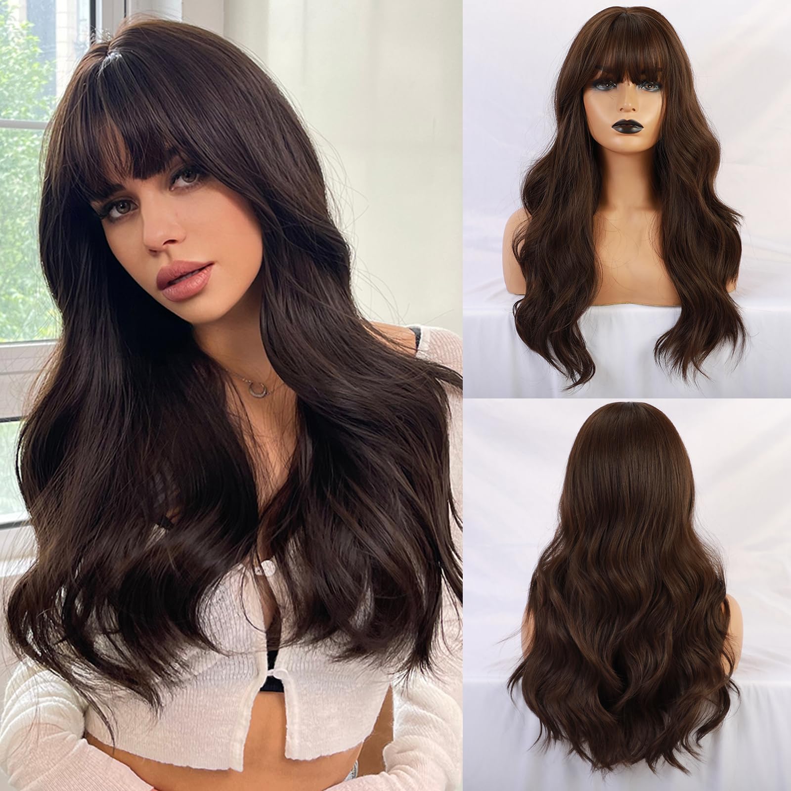 Esmee 24" Dark Brown Synthetic Natural Long Wave Wigs with Neat Bangs for Women