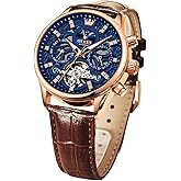 OLEVS Men Skeleton Watch Automatic Mechanical Dress Casual Brown Black Leather Moon Phase Luminous Waterproof Wrist Watches