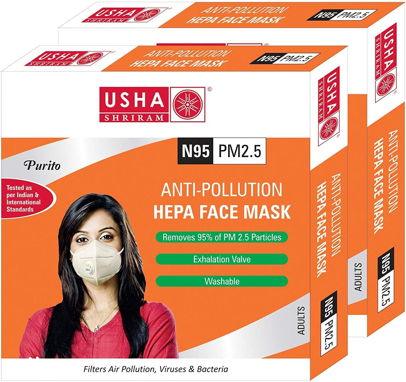 Usha Shriram Purito Super Breathable Cotton Fabric Anti Pollution Washable Reusable Protective N95 PM2.5 Face Mask with Meltblown Fabric and 5 Layered Filtration with Nose Clip & Adjustable Loop, For Men and Women (Beige , With Valve , Pack of 2)
