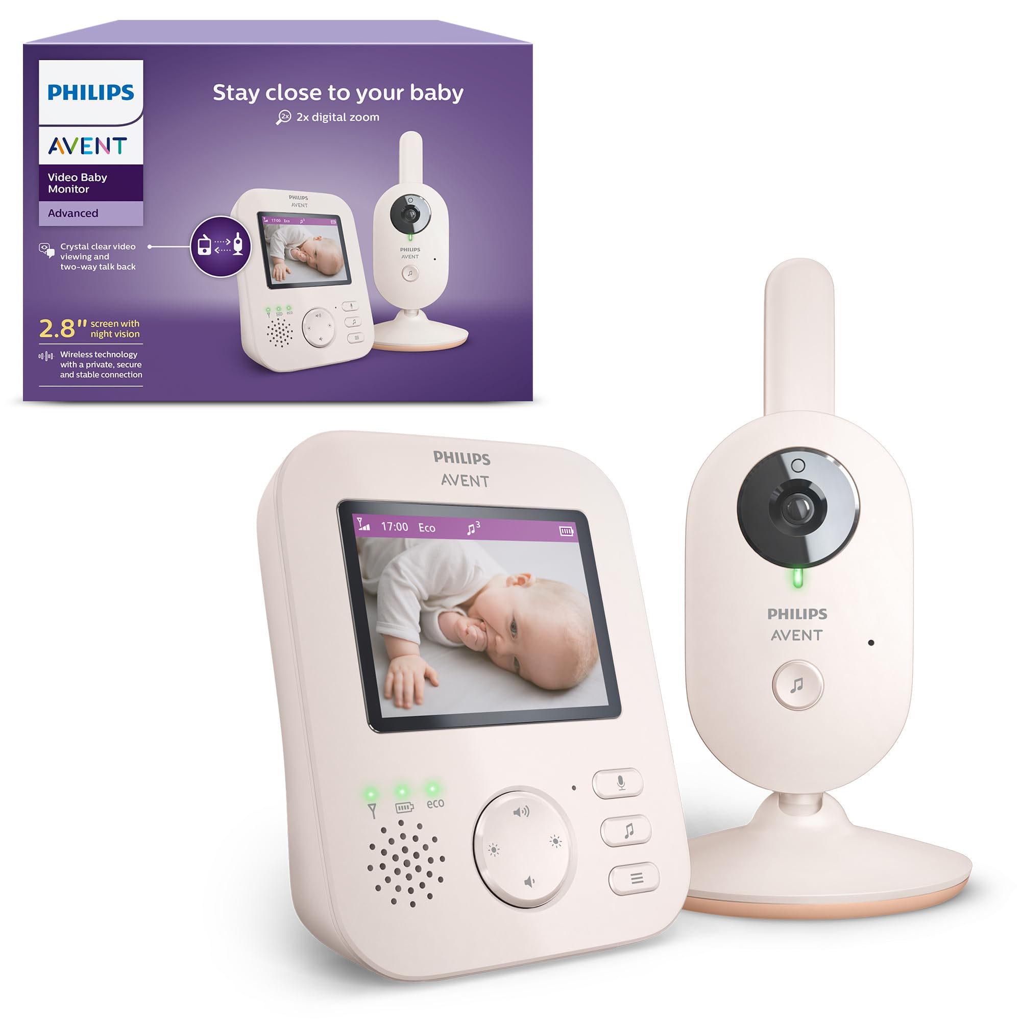 Philips Avent Advanced Video Baby Monitor - Private and Secure Baby Monitor with Camera and Audio in Coral Cream, 2.8" (7.1 cm) Display, x2 Zoom, Night Vision, 2 way Audio, Lullabies (Model SCD881/05)