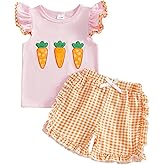 RSRZRCJ Infant Toddler Baby Girl Easter Outfit Carrots Embroidery Ruffle Short Sleeve T-Shirt Top and Plaid Shorts Set
