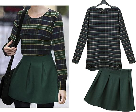 Amazon リリレナ Lilirena タータンチェック ブラウス チュニック スカート ミニ セット ブリティッシュ トラッド レディース A1 Xl グリーン ワンピース チュニック 通販