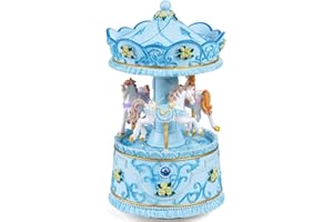 Mr.Winder Elegant Blue Carousel Music Box,Handcrafted Rotating Horses & Floral Details Musical Figurine, for Birthdays,Christmas,Valentine's Day,Birthday,Home Décor,Plays You are My Sunshine Tune