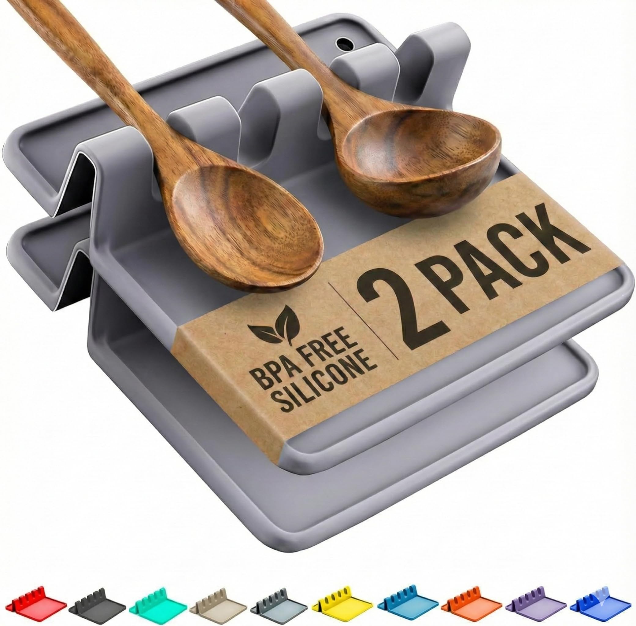 Silicone Spoon Rest for Stove Top with Drip Pad (Two Pack) - Heat Resistant, BPA Free Utensil Rest & Spoon Holder for Kitchen Counter - Grill Utensil Holder for Spatulas, Tongs, Ladles (Grey)