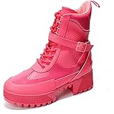 Women's Chunky Heel Combat Boots Platform Lace Up, High Top Ankle Boots Fall Winter Streetwear, Non-Slip Block Heel (Hot Rod)