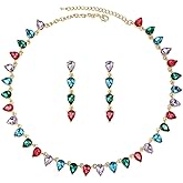 EVER FAITH Costume Jewelry Rhinestone Crystal Art Deco Geometric Gemstone Choker Statement Necklace Stud Earrings for Women Fashion Jewelry for Wedding Prom