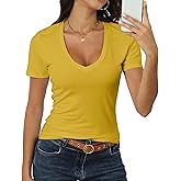 Roselux Women Short Sleeve Deep V Neck Tops Shirts Fitted Cotton Summer Tshirt Tee