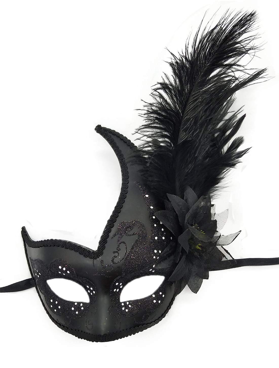 Coolwife Costume Mask Feather Masquerade Mask Halloween Mardi Gras Cosplay Party Masque (Full Black)