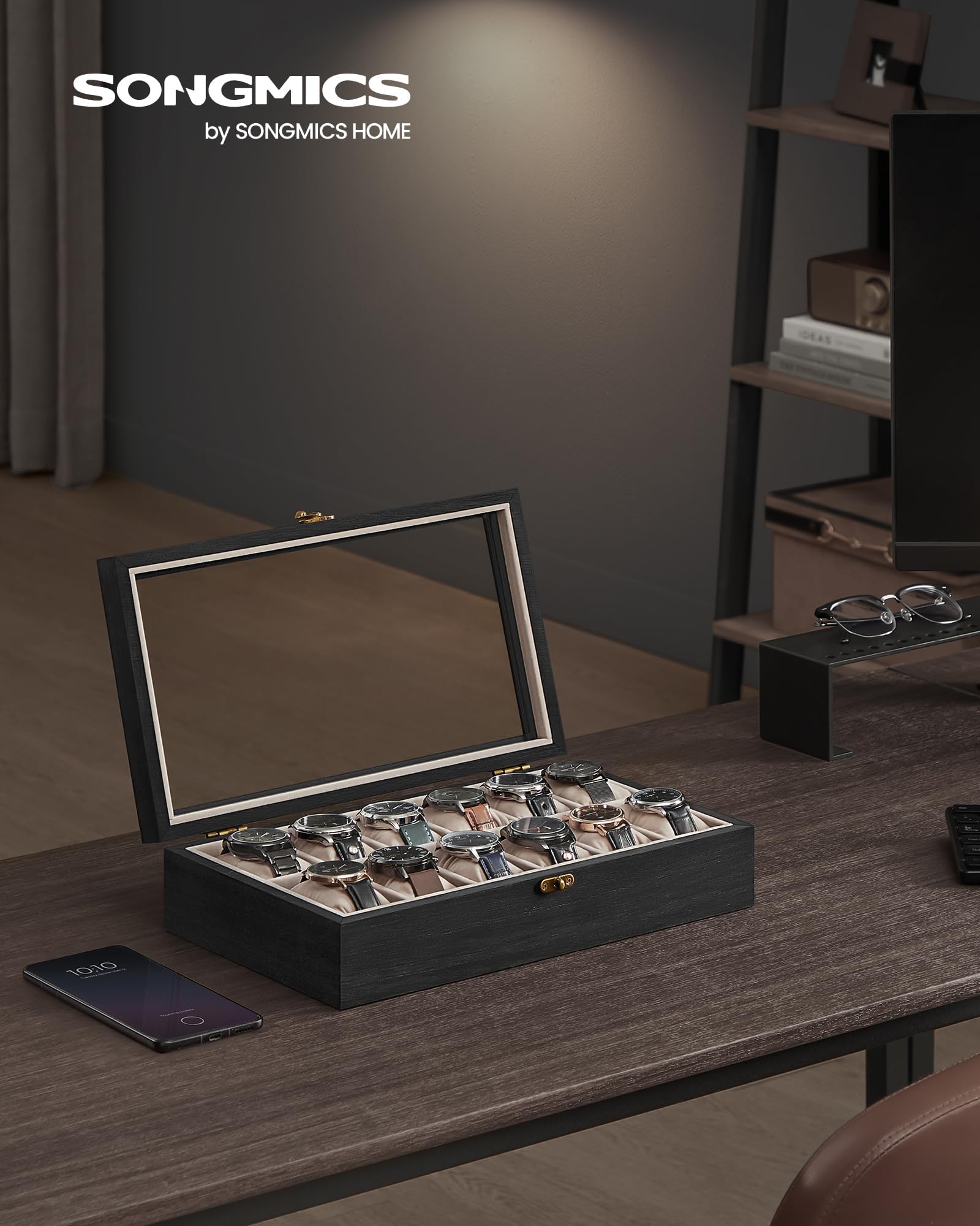SONGMICS 12-Slot Watch Box, Watch Display Case with Large Glass Lid, Removable Watch Pillows, Velvet Lining, Gift Idea, Ebony Black UJOW120B01