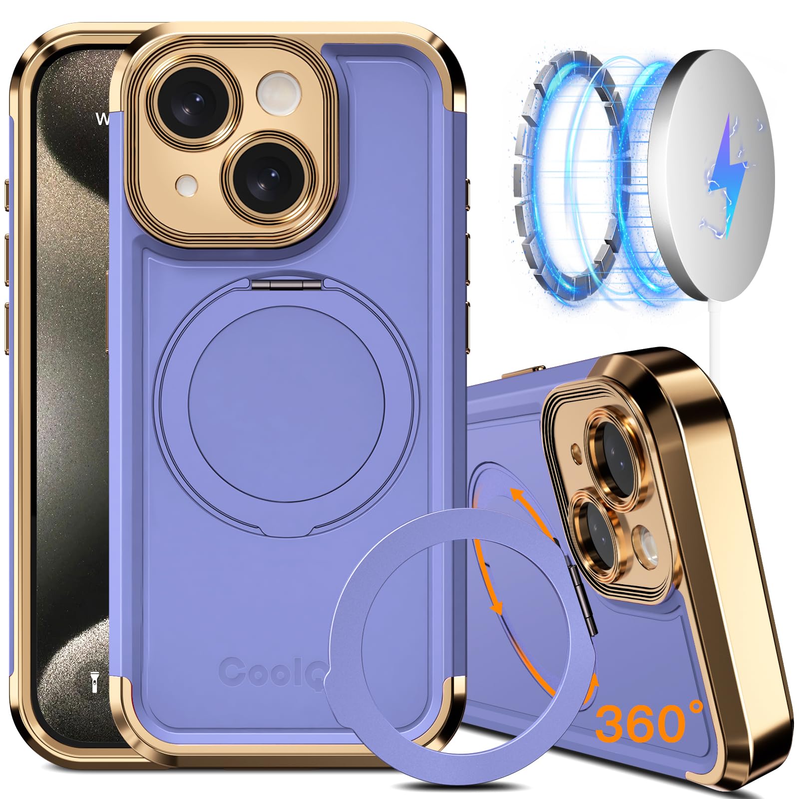 COOLQO for iPhone 15 Plus Case 6.7'' Upgraded 360° Spin Magnetic Stand [Compatible with Magsafe][Military Protection] Shockproof Protective Phone Holder Cover for iPhone 15 Plus, Purple Gold
