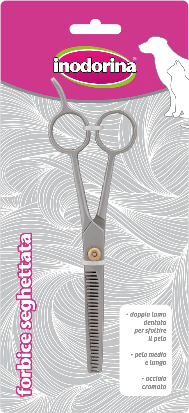 Inodorina Serrated Scissors for dog and cat grooming (medium and long hair) - Ideal for trimming, touching up and cutting with precision - Made of chrome-plated steel for fast and safe cuts