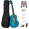 Enya Concert Ukulele 23 Inch Blue Solid Mahogany Top with Ukulele Starter Kit Includes Online Lessons, Tuner,Case, Strap, Strings, Capo, Sand Shaker, Pick,Polish Cloth (EUC-25D BU)