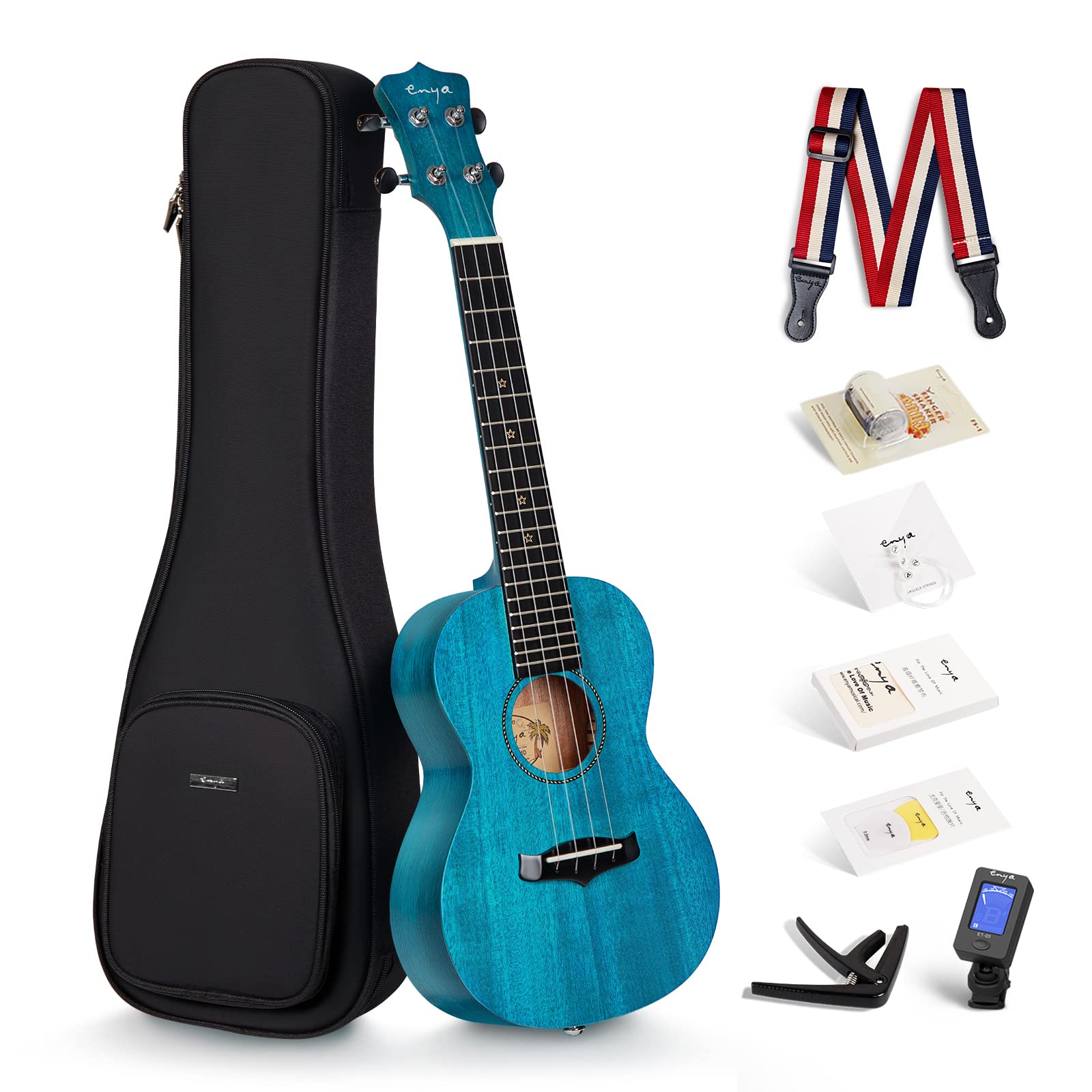 Enya Concert Ukulele 23 Inch Blue Solid Mahogany Top with Ukulele Starter Kit Includes Online Lessons, Case, Strap, Strings, Capo, Sand Shaker, Pick,Polish Cloth (EUC-25D BU)